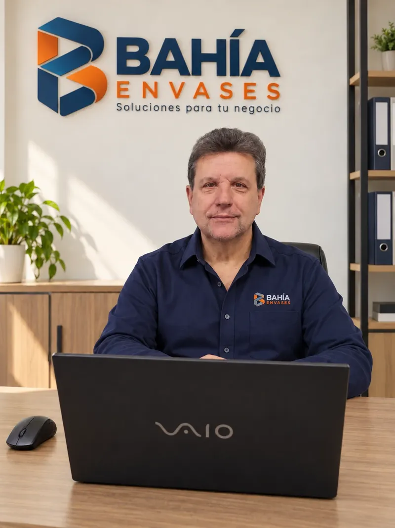 Oscar, de Bahía Envases, en una oficina con la identidad de la empresa